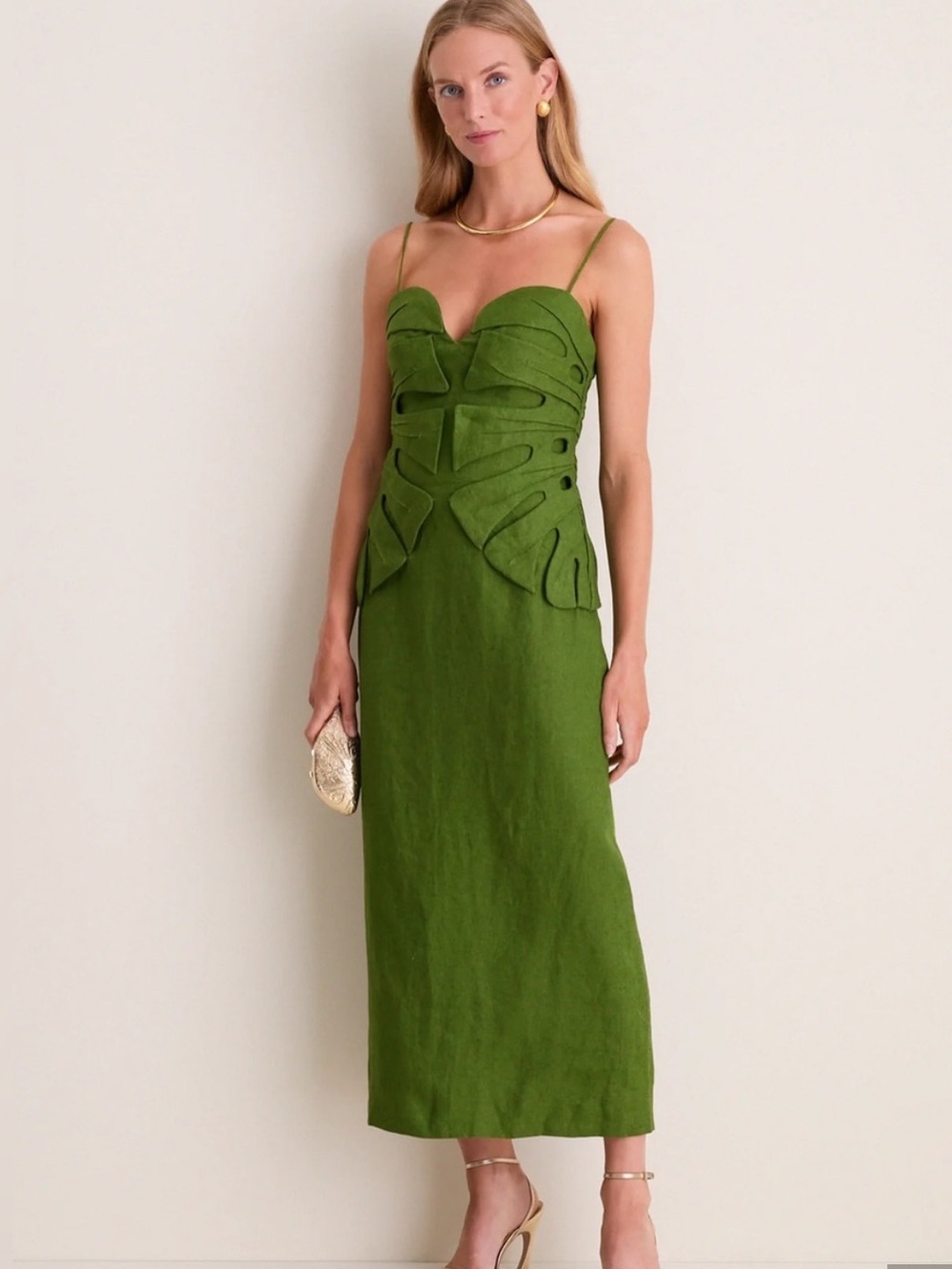 FARM RIO 3D Monstera Leaf Linen Maxi Dress